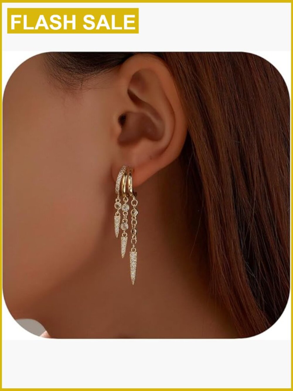 14k Gold Plated Triple Huggie Drop Earrings with CZ Crystals